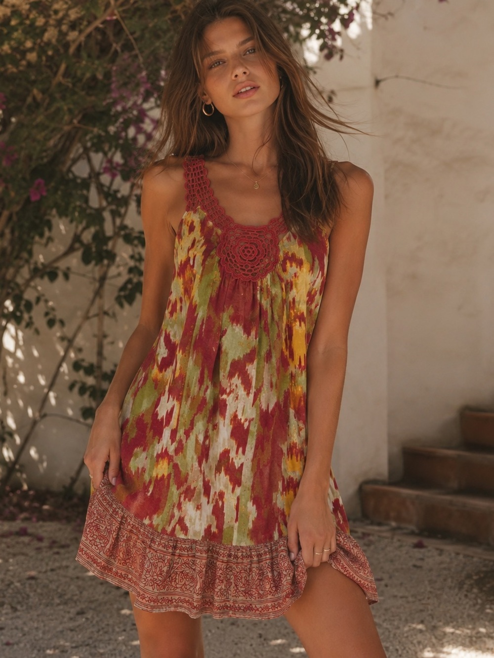 Vintage Y2K Esprit Boho Ikat Mini Dress Crochet Racerback Cottagecore US 6